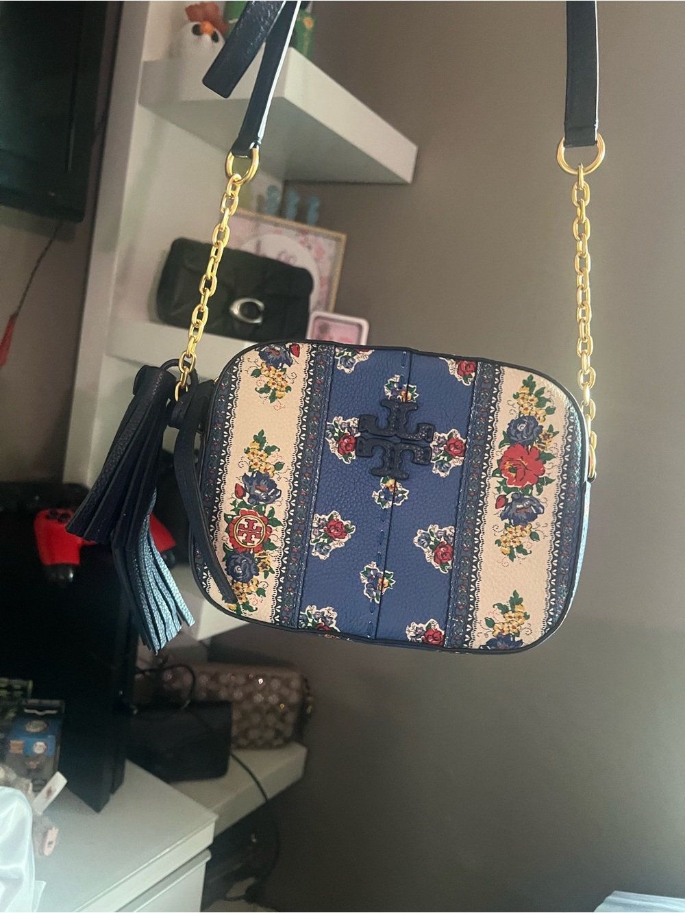 Tory Burch Navy Blue Floral Crossbody with Gold Chain